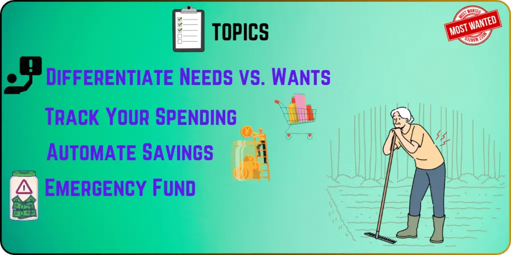 A digital illustration showing a person budgeting with documents, calculator, and money symbols, highlighting tips like “Differentiate Needs vs. Wants,” “Track Spending,” “Automate Savings,” and “Emergency Fund.”